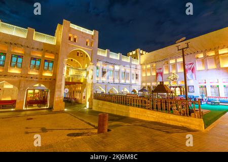 Doha, Qatar - February 18, 2019: historic Falcon Souq, a market selling live falcon birds and falconry equipment located in the center of Doha by Stock Photo