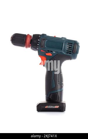 Cordless drill screwdriver isolated on white background. Professional tool Stock Photo