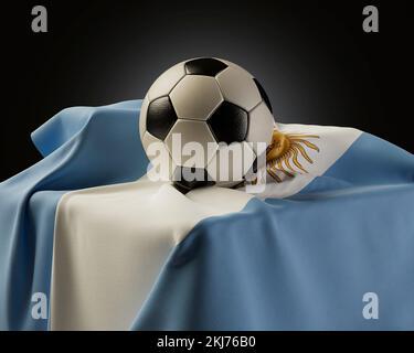 A regular soccer balls resting on an Argentina flag draped over a plinth on an isolated studio background - 3D render Stock Photo