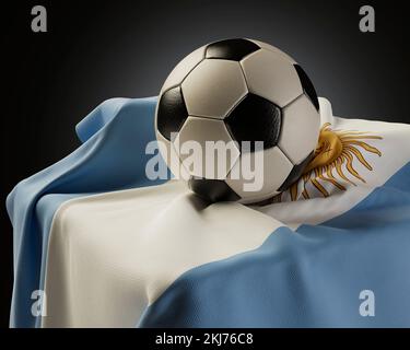 A regular soccer balls resting on an Argentina flag draped over a plinth on an isolated studio background - 3D render Stock Photo
