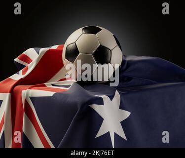 A regular soccer balls resting on an Australia flag draped over a plinth on an isolated studio background - 3D render Stock Photo