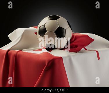 A regular soccer balls resting on a Canada flag draped over a plinth on an isolated studio background - 3D render Stock Photo