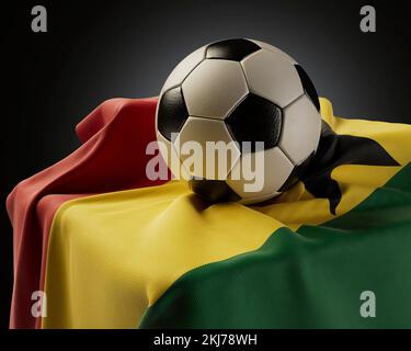 A regular soccer balls resting on a Ghana flag draped over a plinth on an isolated studio background - 3D render Stock Photo