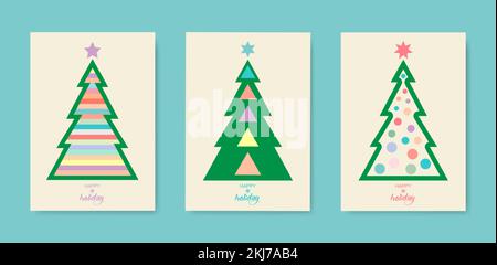 Vintage Happy Holiday covers. Christmas tree set card. Design templates with typography, season wishes in modern minimalist style for web, social medi Stock Vector