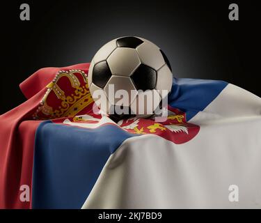 A regular soccer balls resting on a Serbia flag draped over a plinth on an isolated studio background - 3D render Stock Photo