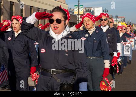 Detroit, Michigan, USA. 24th Nov, 2022. The Rosies Drill Team at Detroit's Thanksgiving Day parade, officially America's Thanksgiving Parade. Credit: Jim West/Alamy Live News Stock Photo