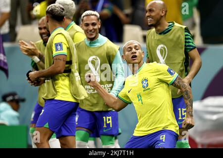 LUSAIL CITY - Richarlison of Brazil celebrates the 1-0 during the FIFA World Cup Qatar 2022 group G match between Brazil and Serbia at Lusail Stadium on November 24, 2022 in Lusail City, Qatar. AP | Dutch Height | MAURICE OF STONE Credit: ANP/Alamy Live News Stock Photo