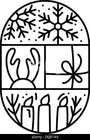 Christmas logo advent composition snowflakes, gift boxes, and candles. Hand drawn winter vector constructor in two half round frame and rectangles for Stock Vector