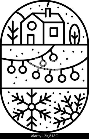 Christmas advent composition snowflakes, garland and house with trees. Hand drawn winter vector constructor logo in two half round frame and Stock Vector