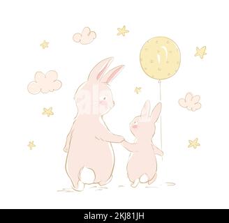 Dad bunny and baby bunny with balloon are walking together. Rear view of a cute family of beige rabbits. Happy mothers day. Stock Vector