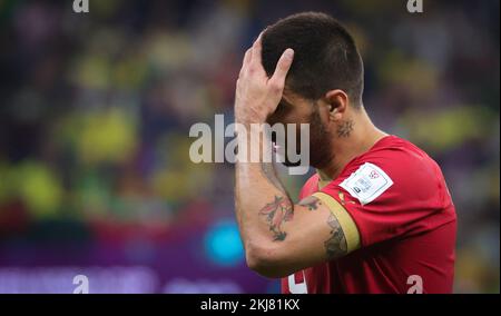 Serbian Aleksandar Mitrovic looks dejected during a soccer game between Brazil and Serbia, in Group G of the FIFA 2022 World Cup in Lusail, State of Qatar on Thursday 24 November 2022. BELGA PHOTO VIRGINIE LEFOUR Credit: Belga News Agency/Alamy Live News Stock Photo