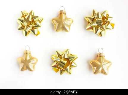 Christmas composition. Christmas silver decorations on white background. Flat lay, top view Stock Photo