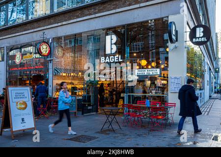B Bagel Store London - B Bagel Shop & Cafe at 94 Tottenham Court Road central London. Stock Photo