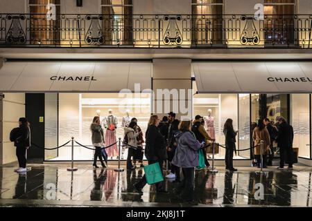 The decorated Christmas shop windows of Chanel on Bond Street on