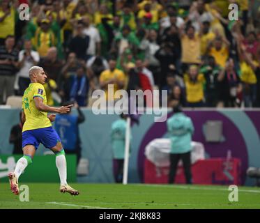 Lusail, Qatar. 24th Nov, 2022. Soccer: World Cup, Brazil - Serbia, Preliminary round, Group G, Matchday 1, Lusail Iconic Stadium, Richarlison celebrates his goal to make it 2:0. Credit: Robert Michael/dpa/Alamy Live News Stock Photo