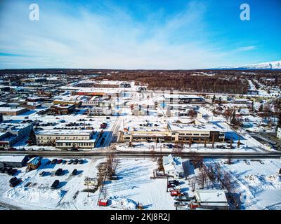 An aerial of downtown Palmer, Alaska Stock Photo