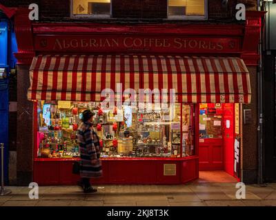 Algerian Coffee Stores in Old Compton Street Soho central London. The store has been open since 1887 selling coffees and teas Stock Photo