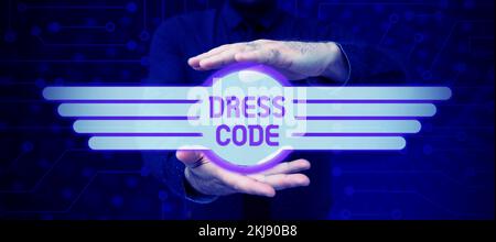 Hand writing sign Dress Code. Conceptual photo an accepted way of dressing for a particular occasion or group Stock Photo