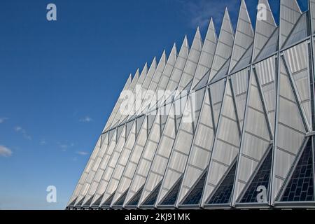 Unique side view of the exterior architecture that encloses the Air Force Adademy Chapel at Colorado Springs, Colorado. Stock Photo