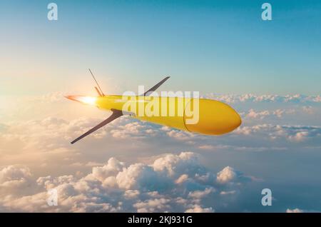 Radio-controlled homing rocket with acceleration flies at high altitude before hitting a target Stock Photo