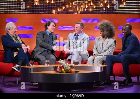 EDITORIAL USE ONLY (left-right) Sir Ian McKellen, John Bishop, Daniel Craig, Fleur East and Clive Myrie during filming for the Graham Norton Show at BBC Studioworks 6 Television Centre, Wood Lane, London, to be aired on BBC One on Friday evening. Stock Photo