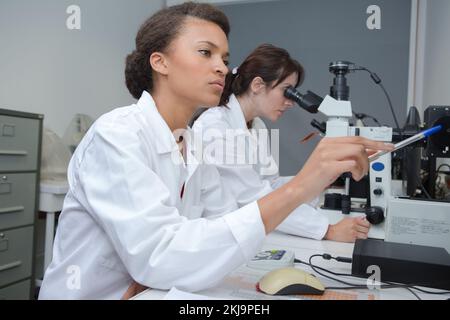female lab workesr look for chemical data in laboratory Stock Photo