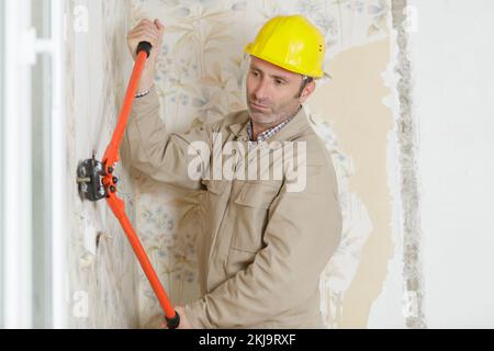 a male worker uses scissors Stock Photo