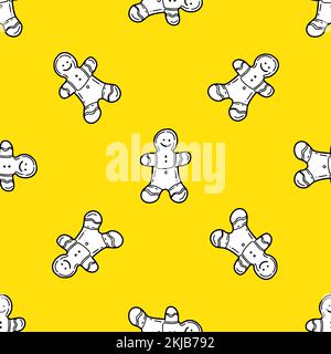 Seamless pattern with Traditional Christmas gingerbread man cookie in doodle style on yellow color background Stock Vector