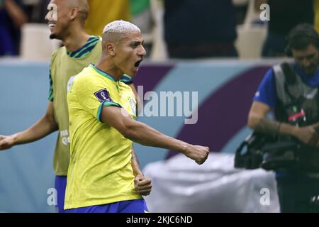 LUSAIL CITY - Richarlison of Brazil celebrates the 1-0 during the FIFA World Cup Qatar 2022 group G match between Brazil and Serbia at Lusail Stadium on November 24, 2022 in Lusail City, Qatar. AP | Dutch Height | MAURICE OF STONE Credit: ANP/Alamy Live News Stock Photo