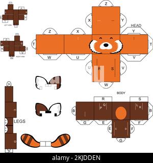 cube mockup red panda character cartoon illustration, cube craft design in vector format Stock Vector