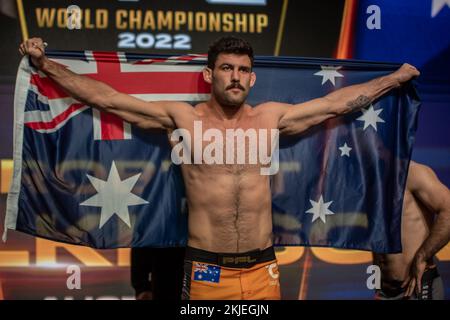 New York, USA. 24th Nov, 2022. NEW YORK, NY - NOVEMBER 23: Rob Wilkinson stands on the scales at the 2022 PFL Championship Weigh Ins at The New Yorker Hotel in NYC. November 23, 2022 in New York, NY, United States. (Photo by Matt Davies/PxImages) Credit: Px Images/Alamy Live News Stock Photo