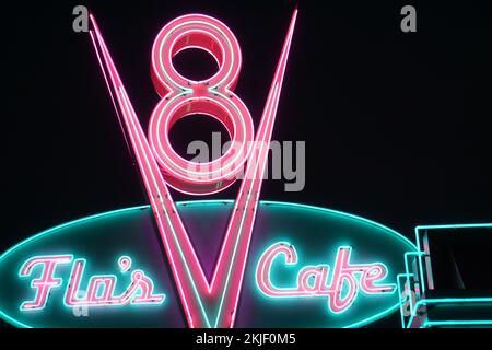 The Flo's Cafe Sign with dark colors at Disneyland, Los Angeles Stock ...