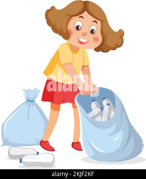 A girl sorting plastic bottles in trash bag illustration Stock Vector