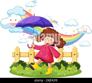A girl holding umbrella with rainbow in the sky illustration Stock Vector