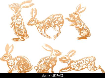 Set of rabbits in Chinese style illustration Stock Vector