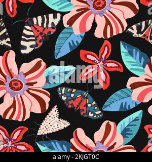Colorful psychedelic pattern with abstract tropical flowers and moths for fabric, wrapping paper. Vector illustration Stock Vector
