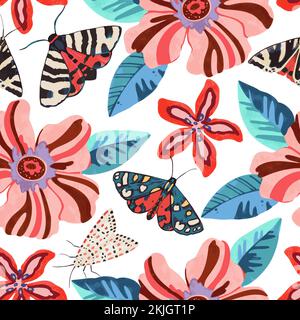 Colorful psychedelic pattern with abstract tropical flowers and moths for fabric, wrapping paper. Vector illustration Stock Vector