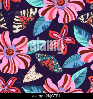 Colorful psychedelic pattern with abstract tropical flowers and moths for fabric, wrapping paper. Vector illustration Stock Vector