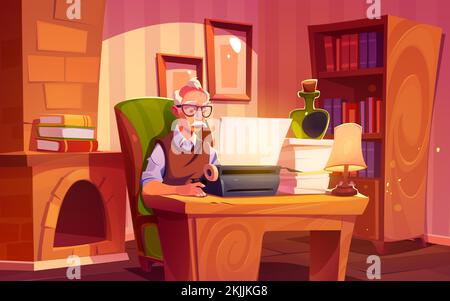 Senior writer work in cabinet on typewriter sitting on vintage armchair at wooden table with bourbon bottle, stack of papers and lamp. Man author character create book, Cartoon vector illustration Stock Vector