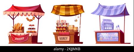 Farm market stalls, wooden fair booths, isolated kiosks with striped awning and farmer food honey, dairy products and vegetables. Wood vendor counters for street trading, Cartoon vector illustration Stock Vector