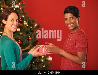 Exchanging gifts on Christmas. Portrait of two young women exchanging gifts at Christmas. Stock Photo