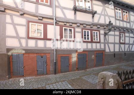 Facade of half-timbered house with doors, cellar door, Rathausgäßchen,  Michelstadt, Hesse, Odenwald, Germany, Europe Stock Photo - Alamy