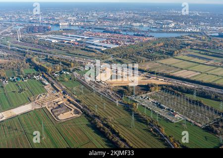 Aerial view of the motorway construction site A26, A7, AK, BAB, motorway junction Süderelbe, harbour passage, harbour, CTA, Container Terminal Altenwe Stock Photo