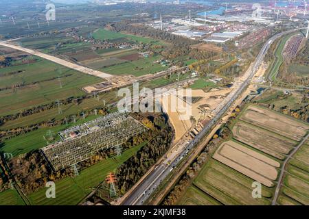 Aerial view of the motorway construction site A26, A7, AK, BAB, motorway junction Süderelbe, harbour passage, harbour, CTA, Container Terminal Altenwe Stock Photo