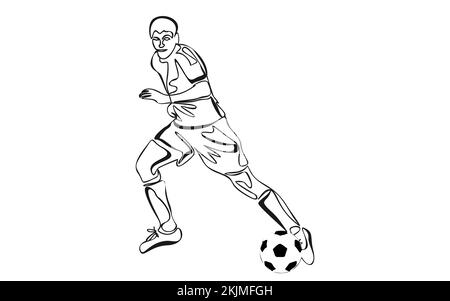 Continuous line drawing of football player kicking ball. Stock Vector