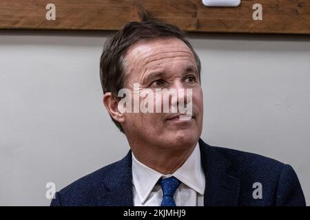 Marseille, France. 24th Nov, 2022. Portrait of Nicolas Dupont-Aignan during a meeting with his supporters in Marseille. Nicolas Dupont-Aignan, mayor of Yerres, member of parliament and former candidate for the presidential election gathers supporters of his party Debout La France (DLF) at a bar room in Marseille. Credit: SOPA Images Limited/Alamy Live News Stock Photo