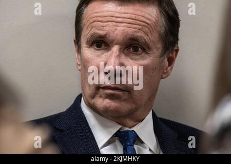 Marseille, France. 24th Nov, 2022. Portrait of Nicolas Dupont-Aignan during a meeting with his supporters in Marseille. Nicolas Dupont-Aignan, mayor of Yerres, member of parliament and former candidate for the presidential election gathers supporters of his party Debout La France (DLF) at a bar room in Marseille. Credit: SOPA Images Limited/Alamy Live News Stock Photo