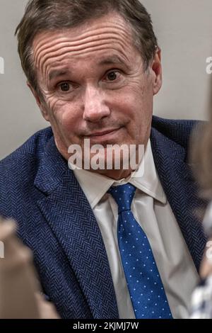 Marseille, France. 24th Nov, 2022. Portrait of Nicolas Dupont-Aignan during a meeting with his supporters in Marseille. Nicolas Dupont-Aignan, mayor of Yerres, member of parliament and former candidate for the presidential election gathers supporters of his party Debout La France (DLF) at a bar room in Marseille. Credit: SOPA Images Limited/Alamy Live News Stock Photo