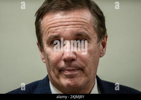 Marseille, France. 24th Nov, 2022. Portrait of Nicolas Dupont-Aignan during a meeting with his supporters in Marseille. Nicolas Dupont-Aignan, mayor of Yerres, member of parliament and former candidate for the presidential election gathers supporters of his party Debout La France (DLF) at a bar room in Marseille. Credit: SOPA Images Limited/Alamy Live News Stock Photo