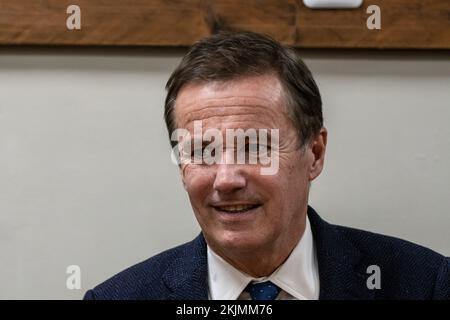 Marseille, France. 24th Nov, 2022. Portrait of Nicolas Dupont-Aignan during a meeting with his supporters in Marseille. Nicolas Dupont-Aignan, mayor of Yerres, member of parliament and former candidate for the presidential election gathers supporters of his party Debout La France (DLF) at a bar room in Marseille. (Photo by Laurent Coust/SOPA Images/Sipa USA) Credit: Sipa USA/Alamy Live News Stock Photo